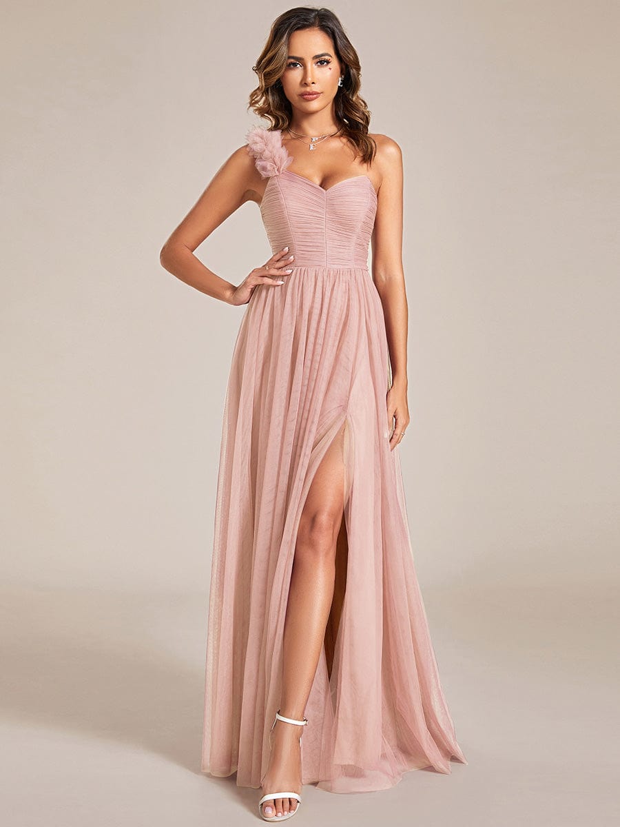 Sweetheart Neckline One Shoulder with Floral Tulle High Slit Bridesmaid Dress