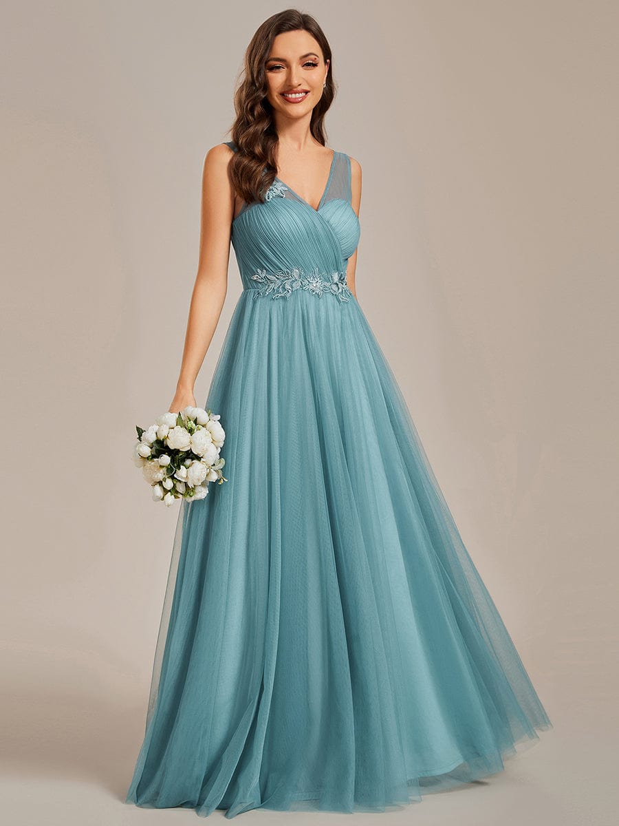 See-Through Shoulder Strap Flower Decoration Tulle Bridesmaid Dress