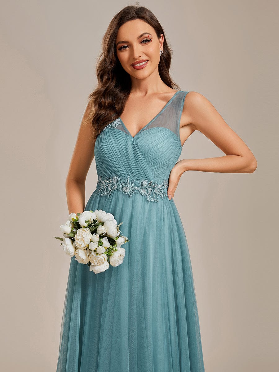 See-Through Shoulder Strap Flower Decoration Tulle Bridesmaid Dress