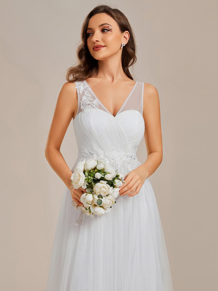 See-Through Shoulder Strap Flower Decoration Tulle Bridesmaid Dress