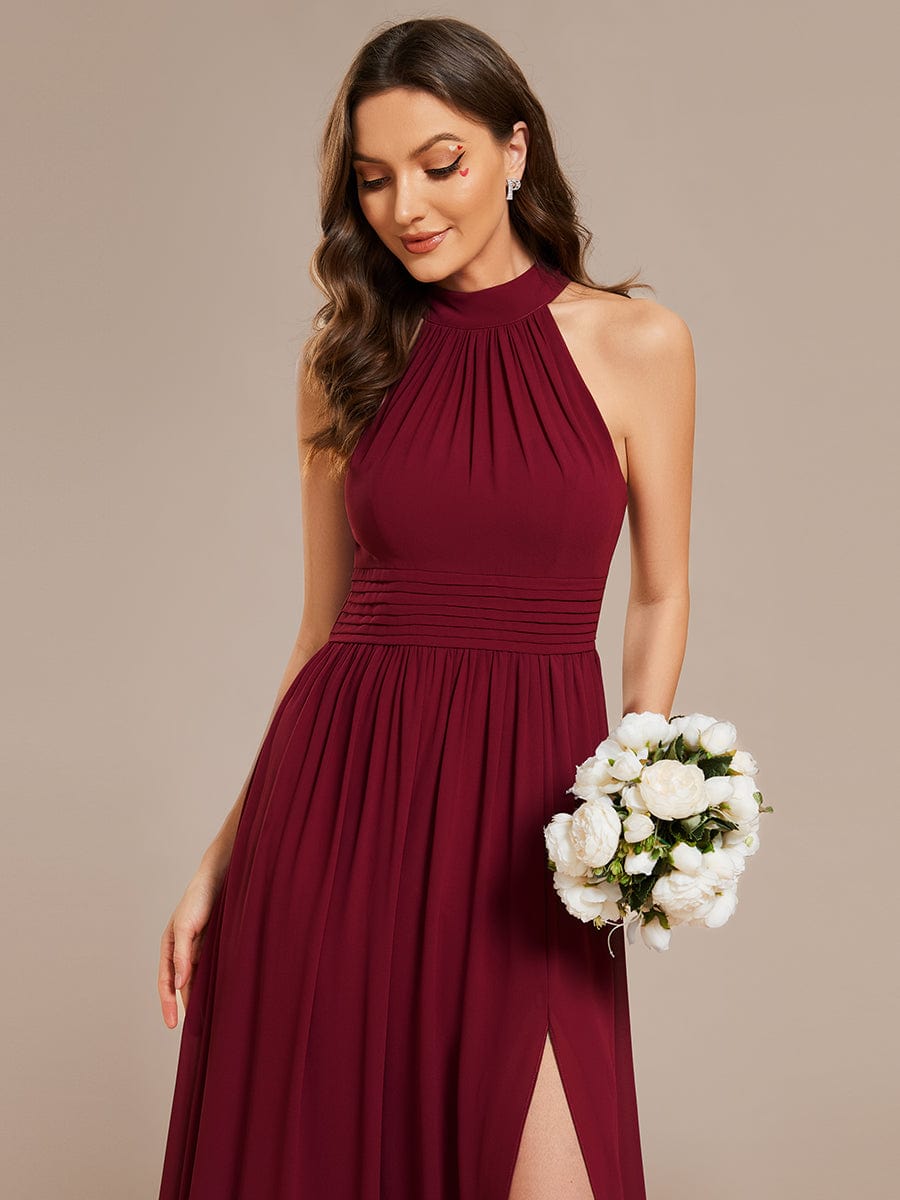 Chiffon Halter Straps Sleeveless Pleated A-Line High Slit Maxi Bridesmaid Dress