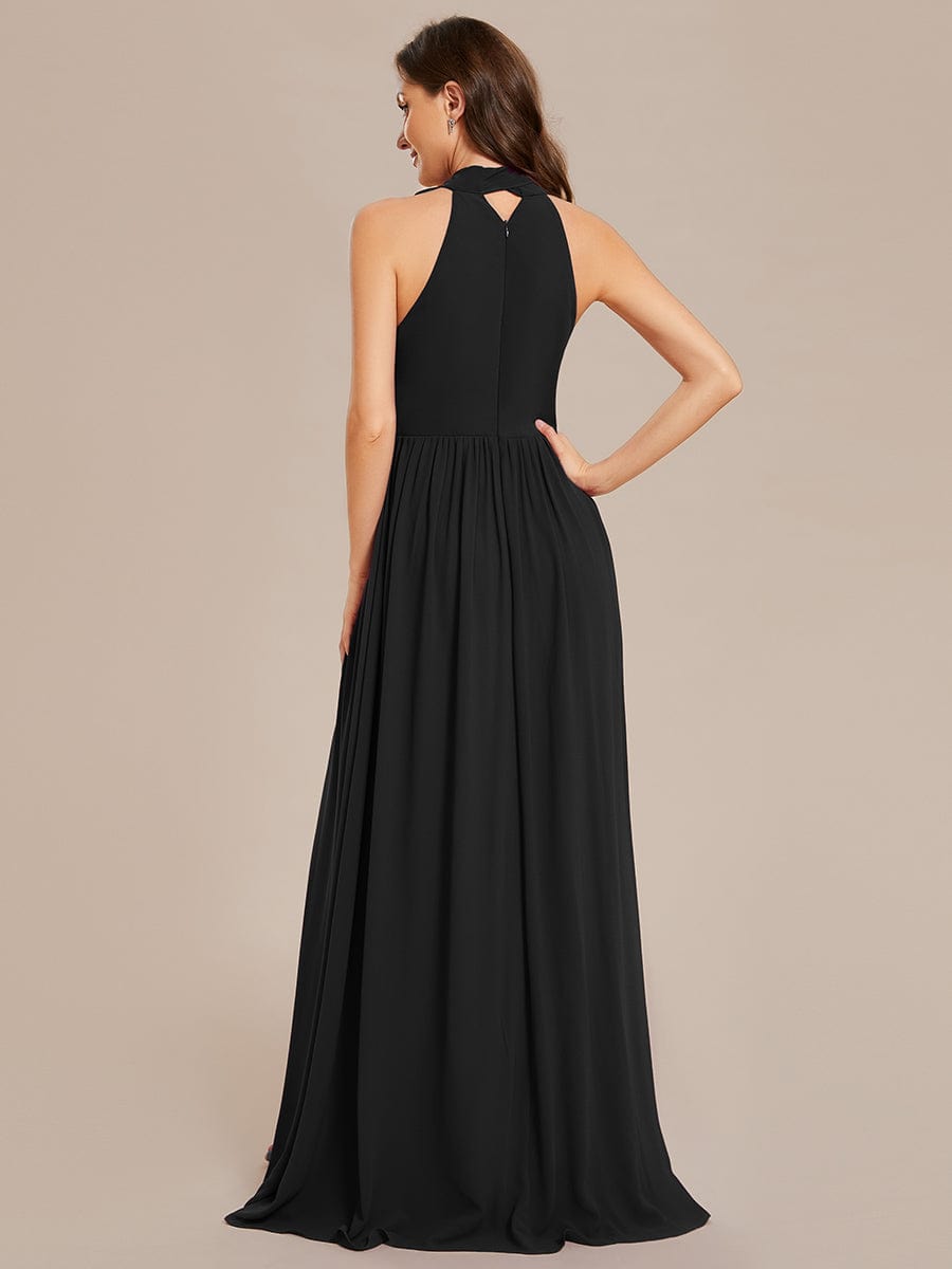 Chiffon Halter Straps Sleeveless Pleated A-Line High Slit Maxi Bridesmaid Dress