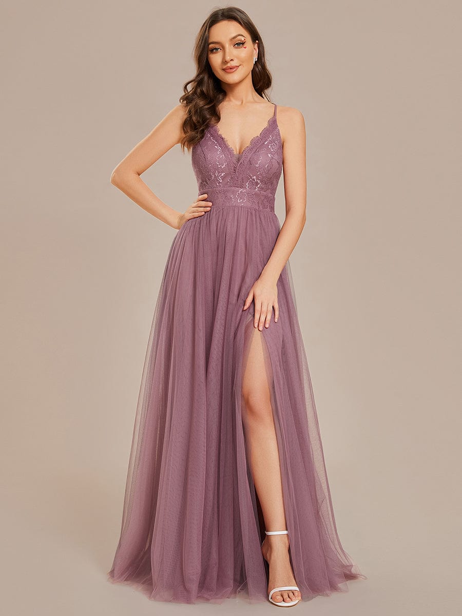 Spaghetti Straps Cross-Back Lace Top A-Line High Slit Tulle Bridesmaid Dress