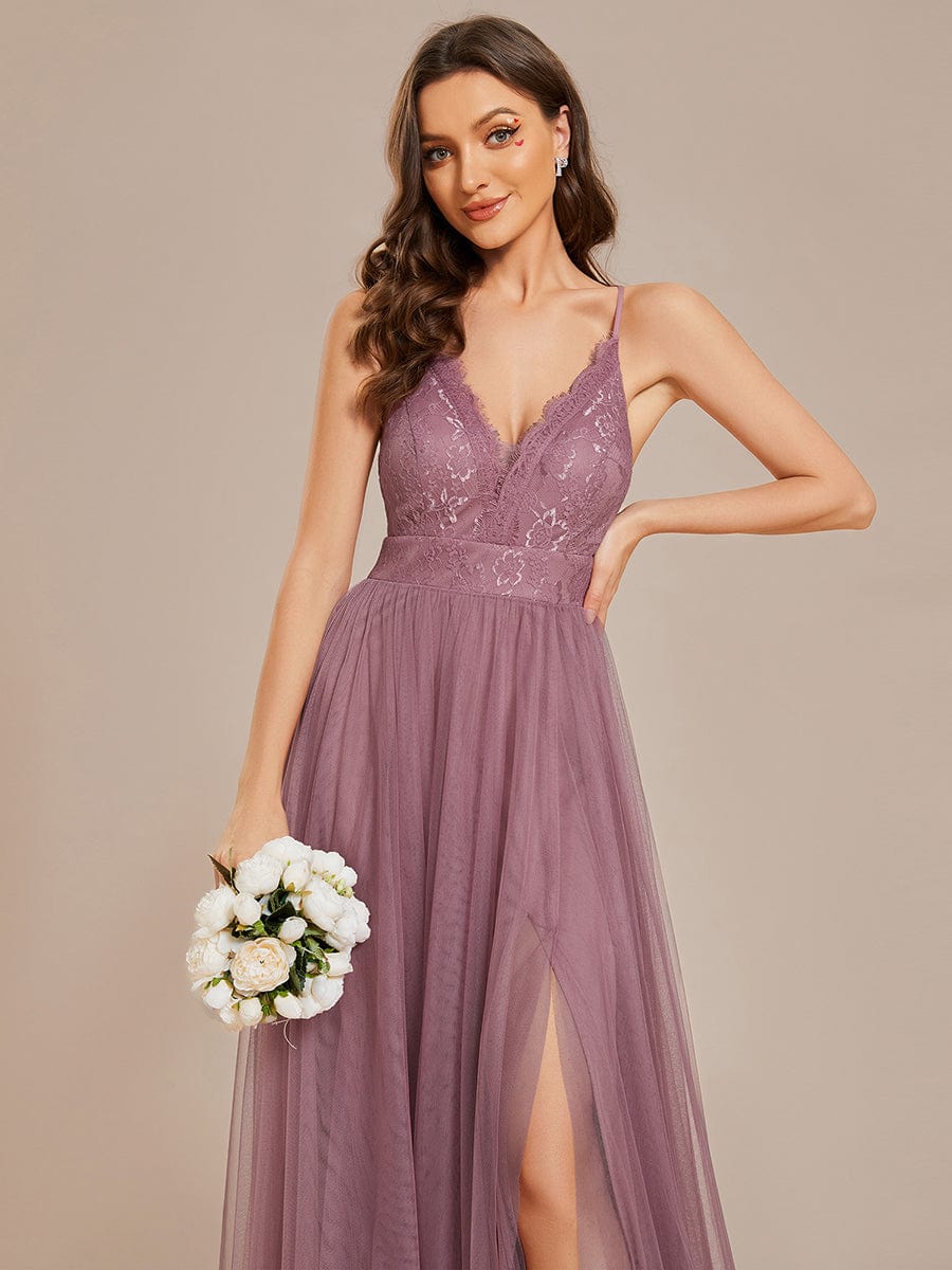 Spaghetti Straps Cross-Back Lace Top A-Line High Slit Tulle Bridesmaid Dress