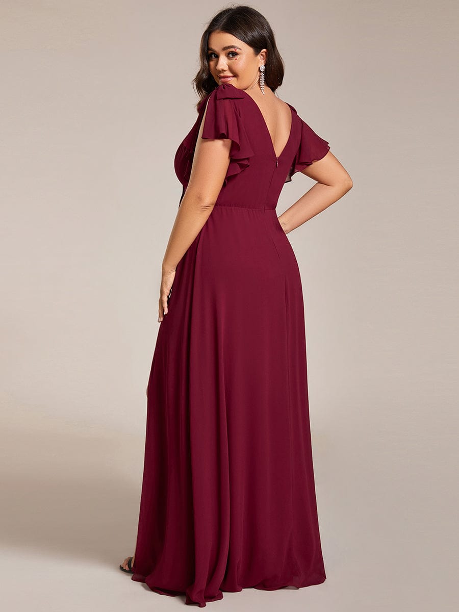 Plus Size Split Ruffles Sleeves with Bowknot Double V-neck Chiffon Bridesmaid Dress