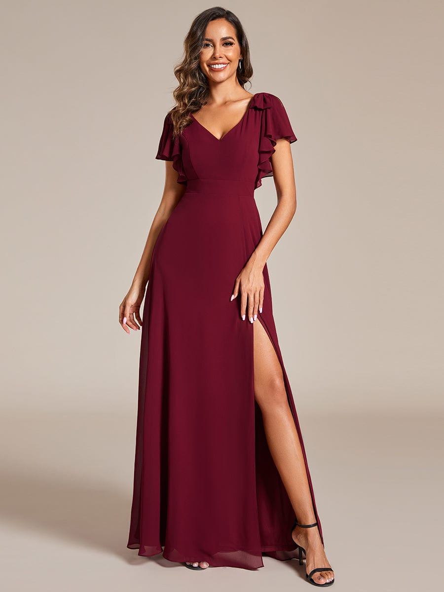 Short Sleeves with Bowknot High Front Slit A-Line Chiffon Bridesmaid Dress