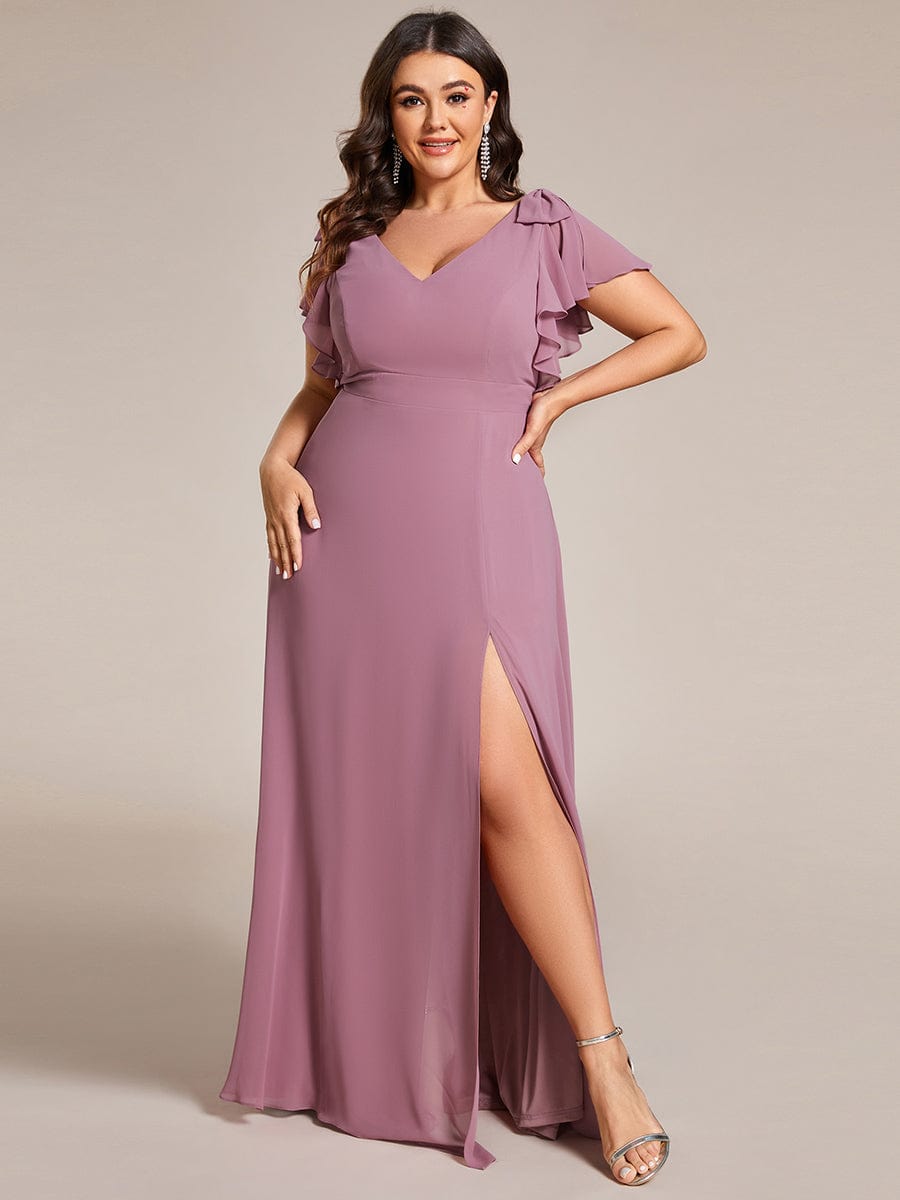 Plus Size Split Ruffles Sleeves with Bowknot Double V-neck Chiffon Bridesmaid Dress