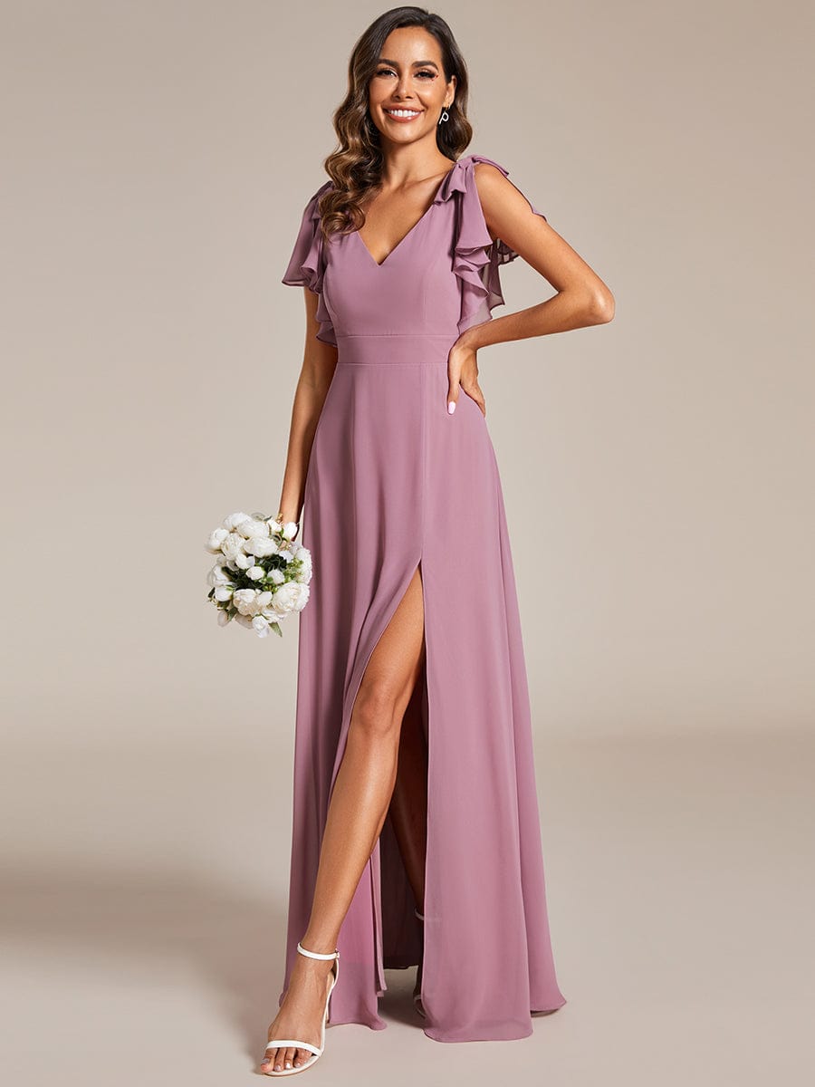 Short Sleeves with Bowknot High Front Slit A-Line Chiffon Bridesmaid Dress