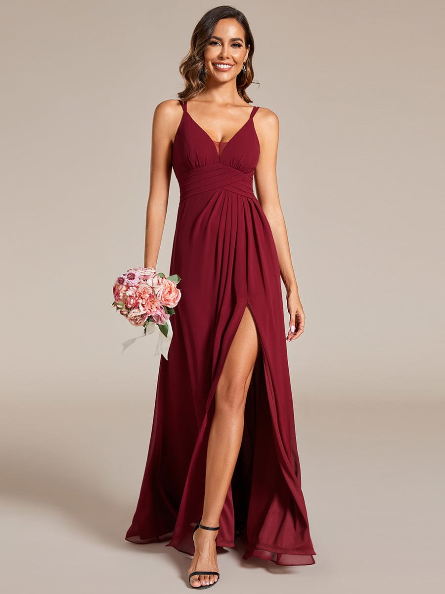 Deep V-Neck High Front Slit Spaghetti Strap Back X-Cross Bridesmaid Dress