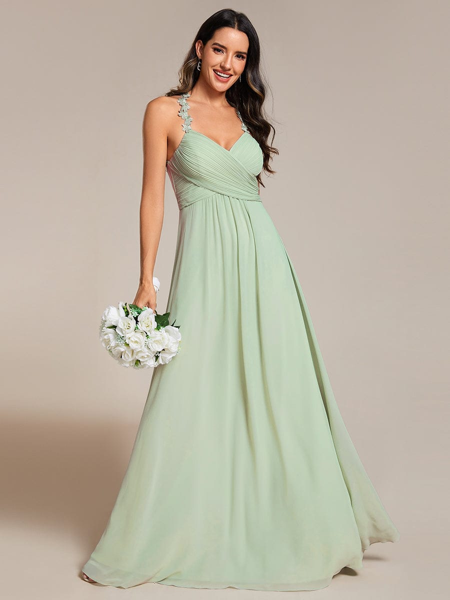 Floral Halter Neck Pleated Backless Bridesmaid Dress in Chiffon