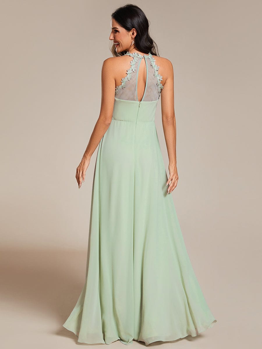 Floral Halter Neck Pleated Backless Bridesmaid Dress in Chiffon