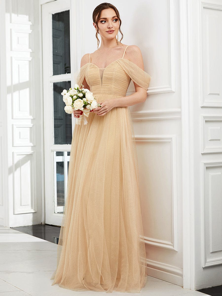 L224063 Ombre Tulle Halter Top and Spaghetti Strap Back Neck Tie Bridesmaid  Dress