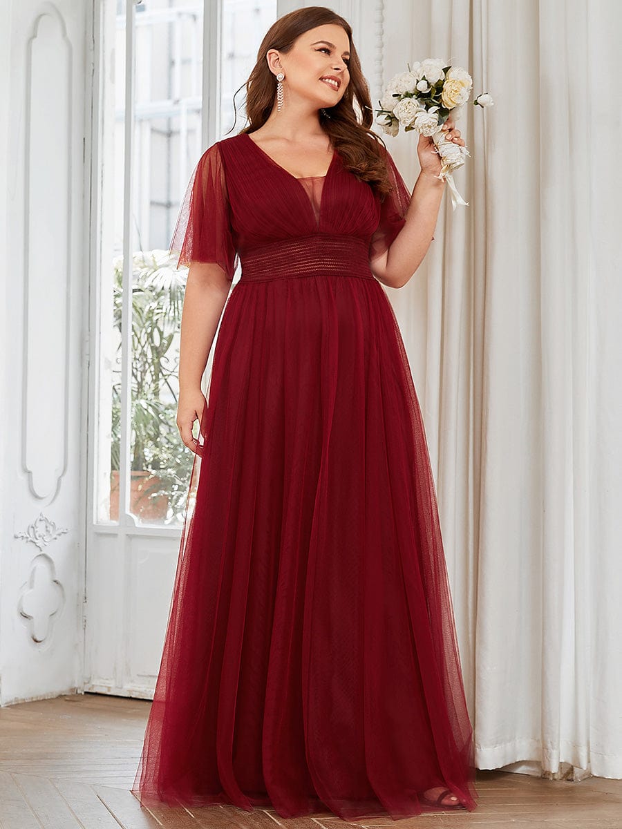 Plus Size Pleated A-Line Short Sleeve Double V-Neck Tulle Bridesmaid Dress