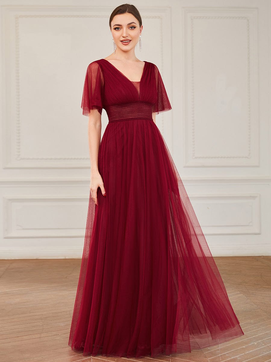 Pleated A-Line Short Sleeve Wide Waist Tulle Bridesmaid Dress