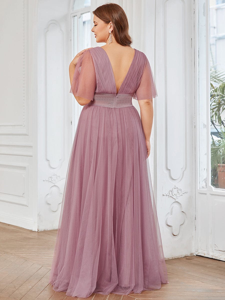 Plus Size Pleated A-Line Short Sleeve Double V-Neck Tulle Bridesmaid Dress