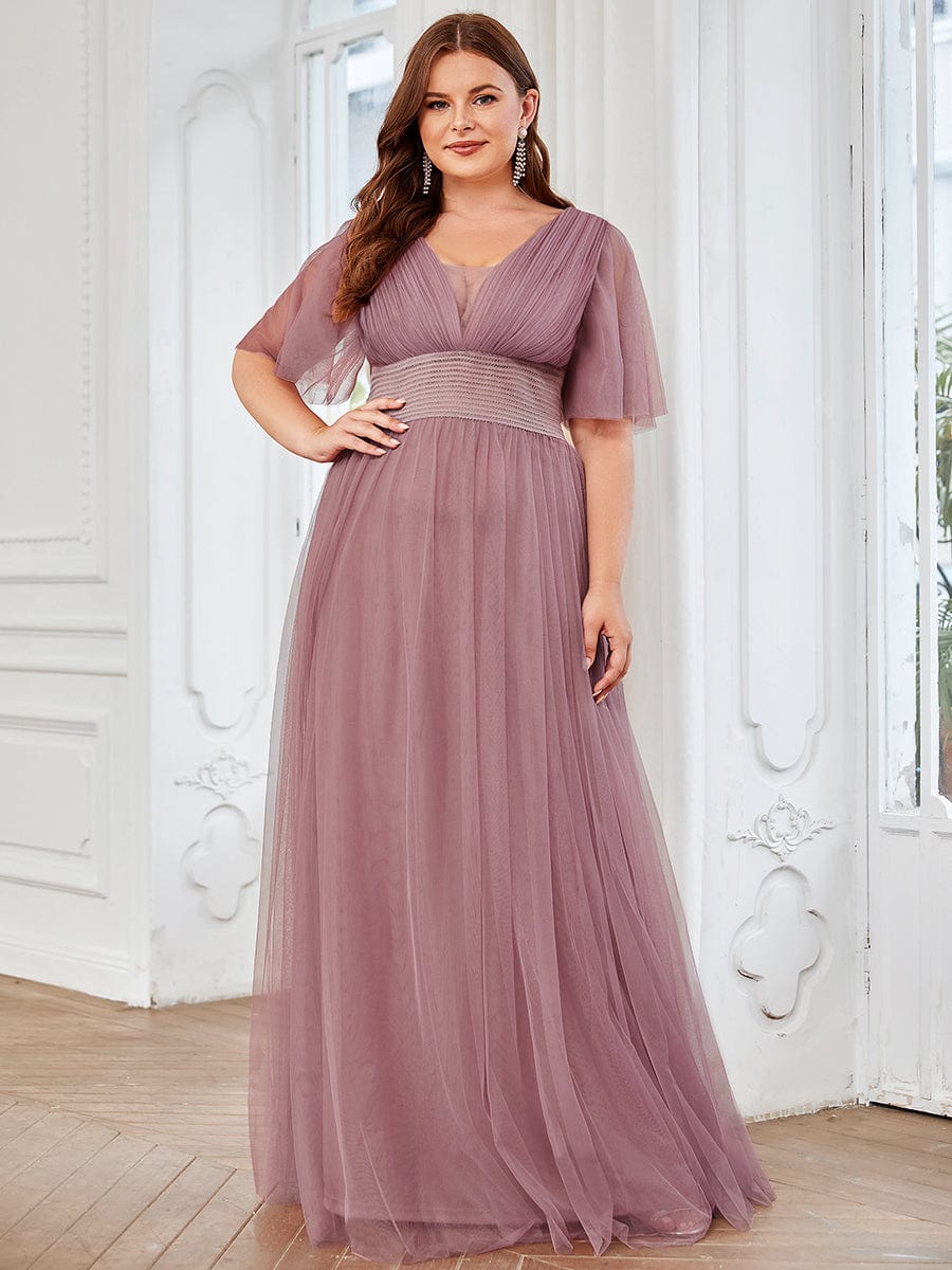 Plus Size Pleated A-Line Short Sleeve Double V-Neck Tulle Bridesmaid Dress