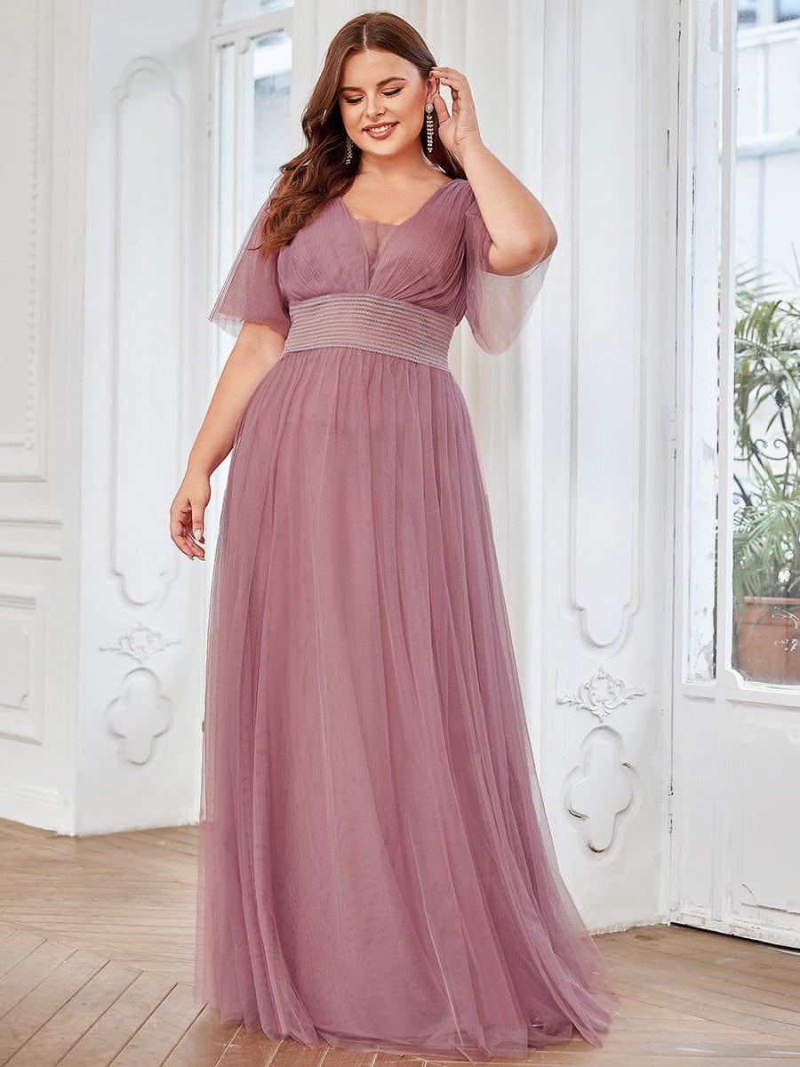 Plus Size Pleated A-Line Short Sleeve Double V-Neck Tulle Bridesmaid Dress