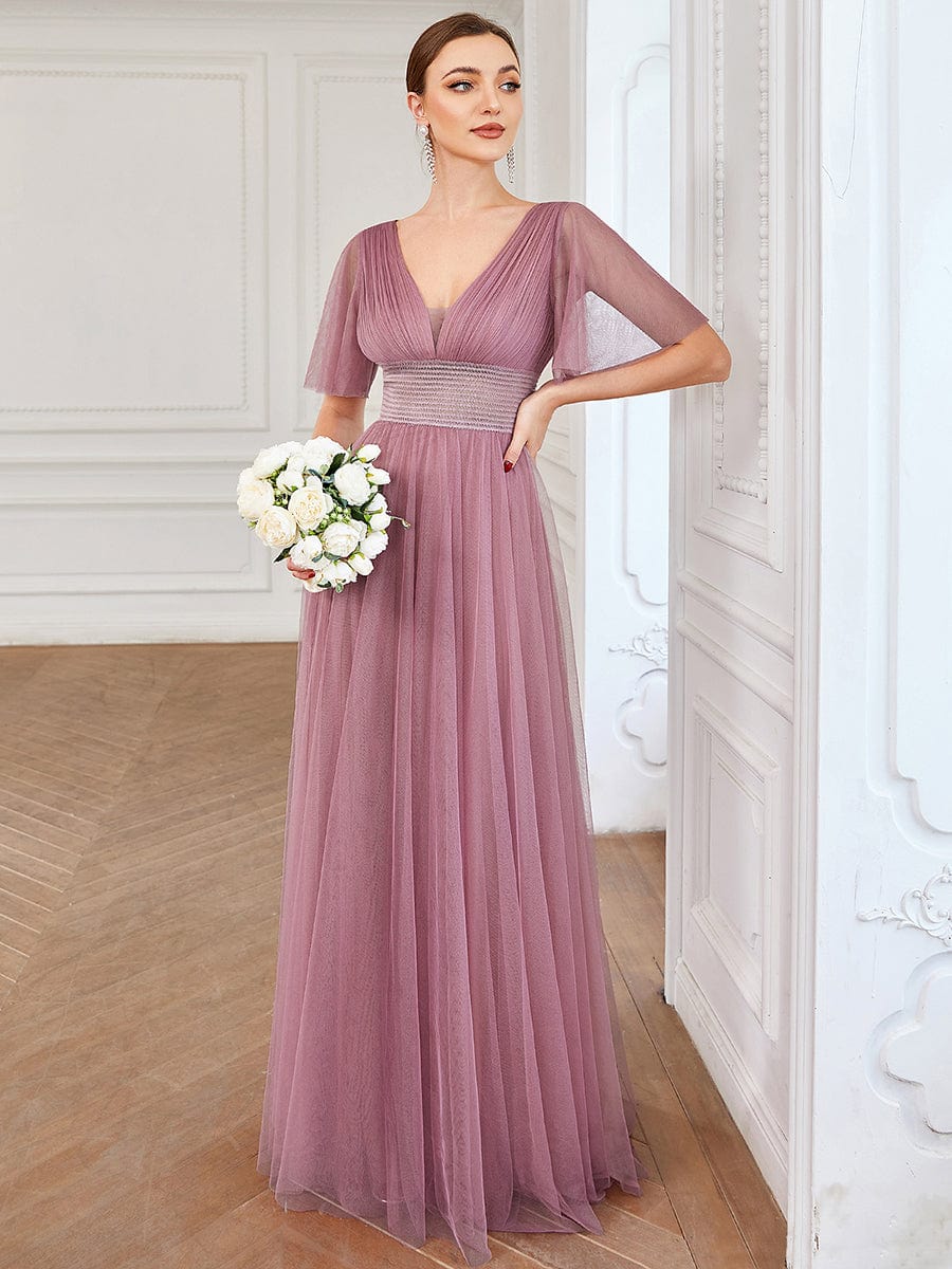 Pleated A-Line Short Sleeve Wide Waist Tulle Bridesmaid Dress