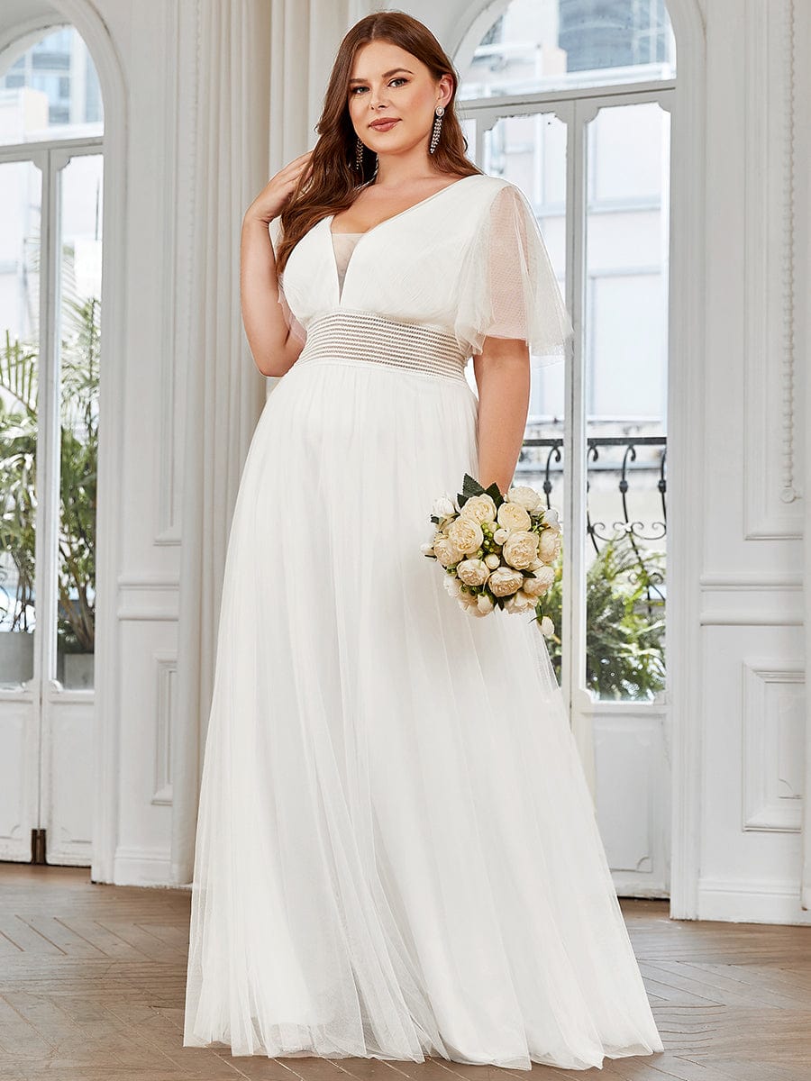 Plus Size Pleated A-Line Short Sleeve Double V-Neck Tulle Bridesmaid Dress