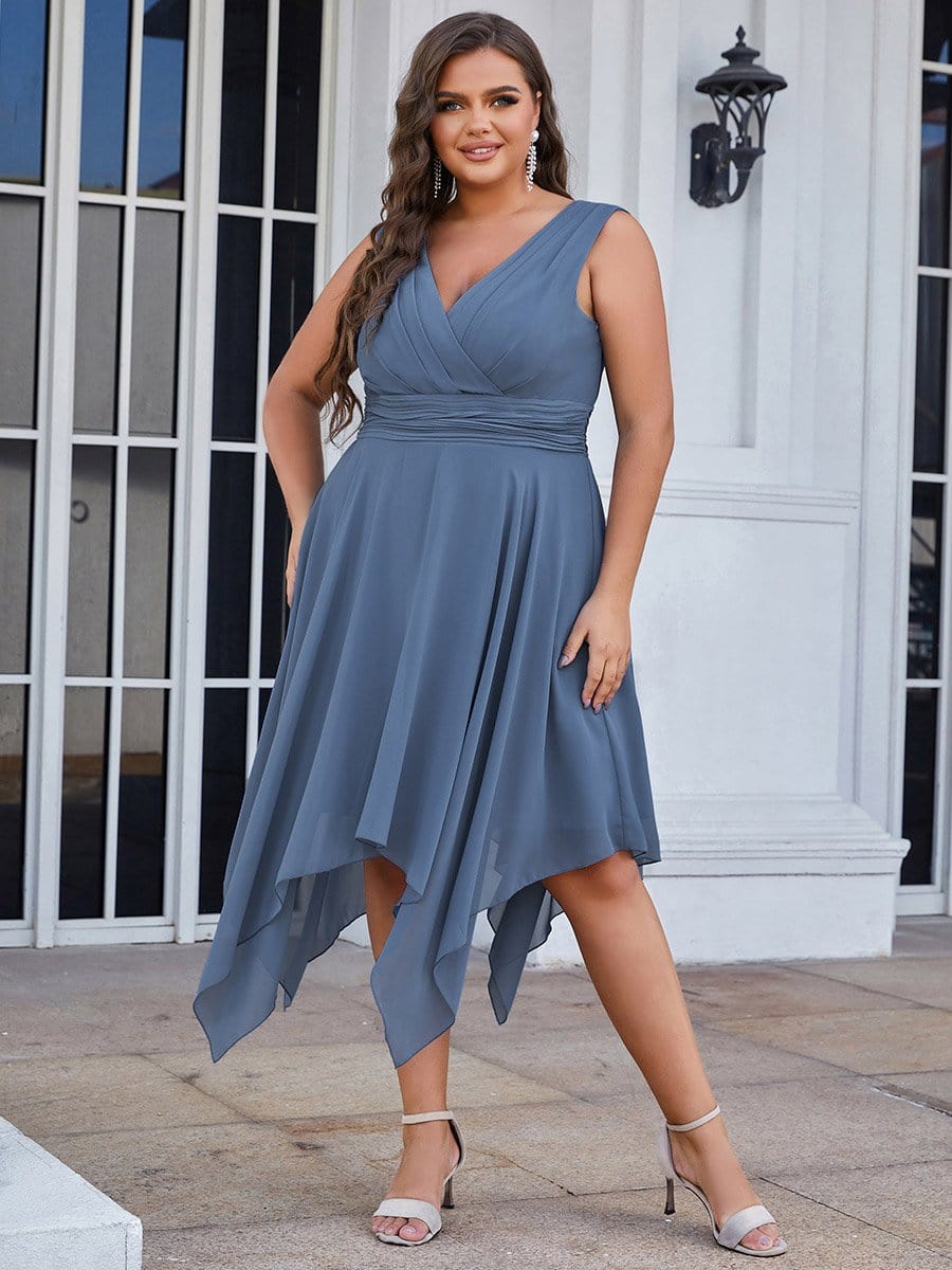 Plus Size Double V Neck Ruched-Waist Midi Chiffon Bridesmaid Dress