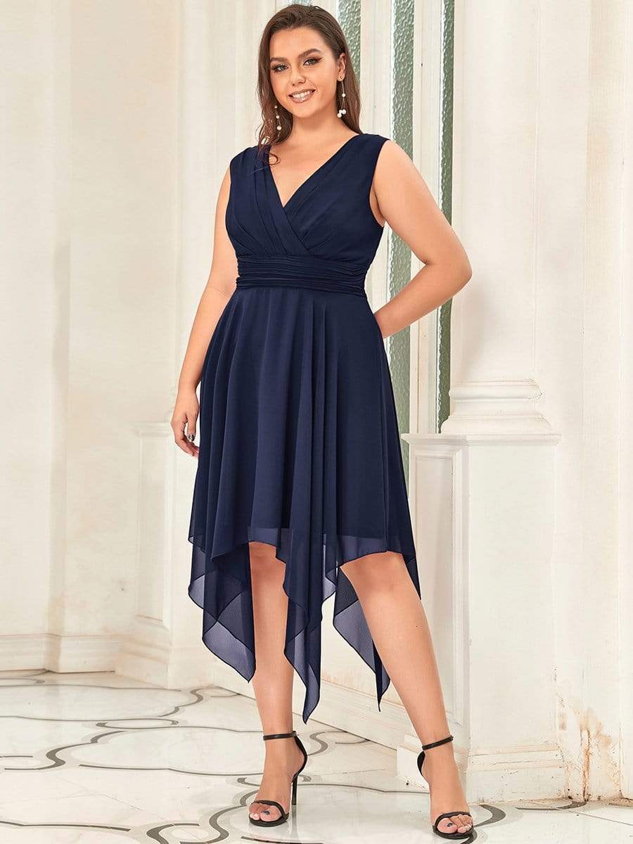 Custom Size Chiffon Double V Neck Asymmetrical Hem Dress