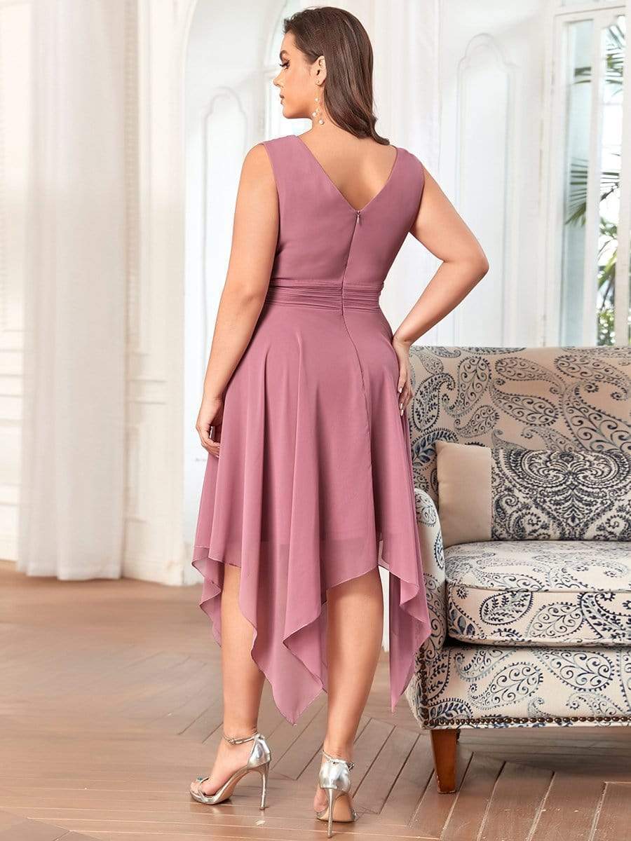 Custom Size Chiffon Double V Neck Asymmetrical Hem Dress