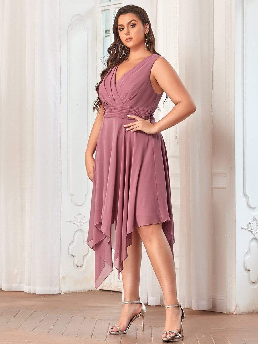 Custom Size Chiffon Double V Neck Asymmetrical Hem Dress