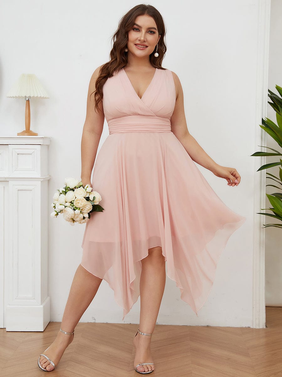 Custom Size Chiffon Double V Neck Asymmetrical Hem Dress