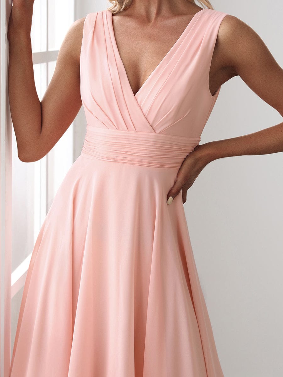 Chiffon Double V-Neck A Line Bridesmaid Dress with Asymmetrical Hem