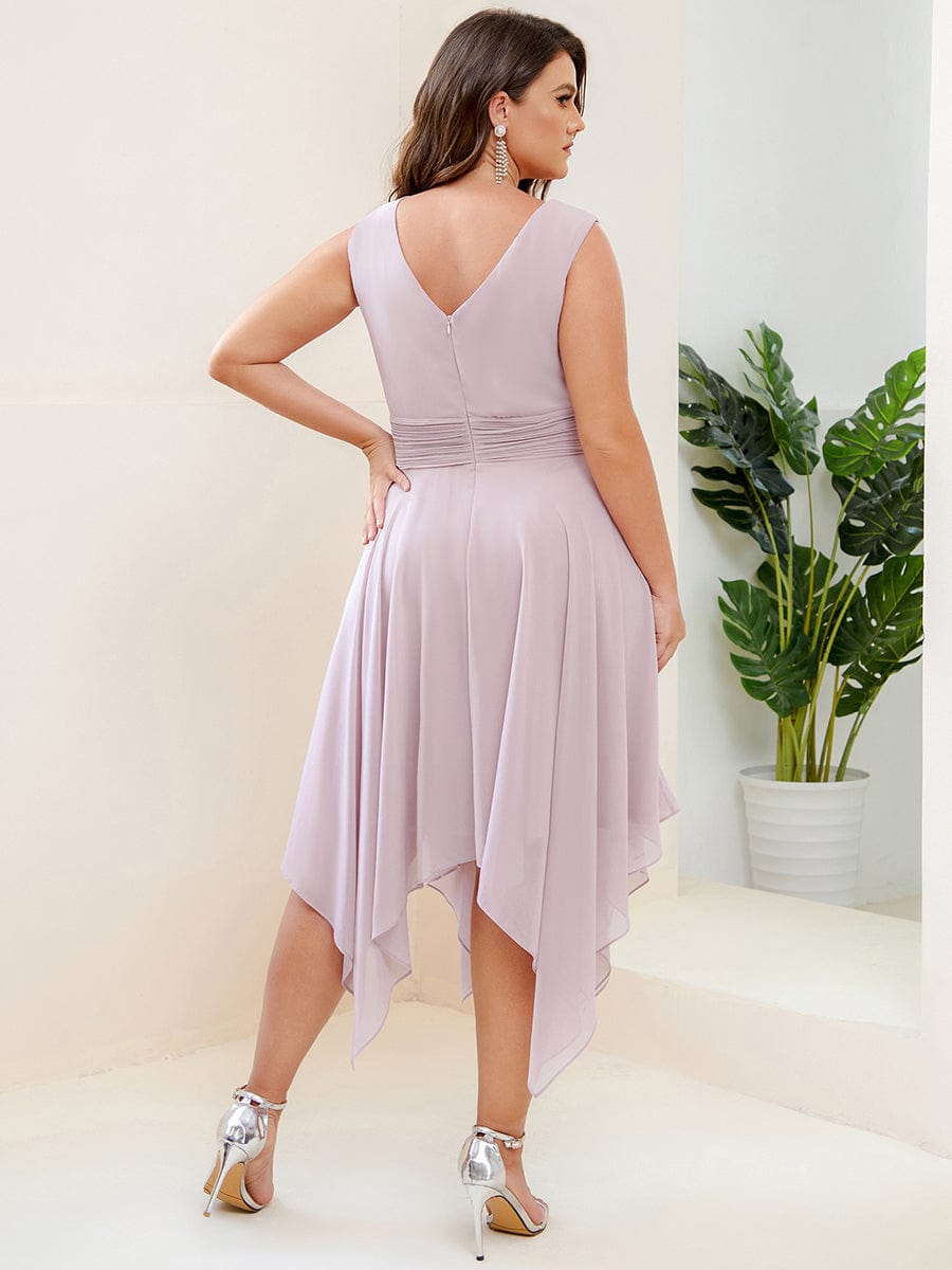 V Neck Ruched Asymmetrical Hems Midi Chiffon Bridesmaid Dress