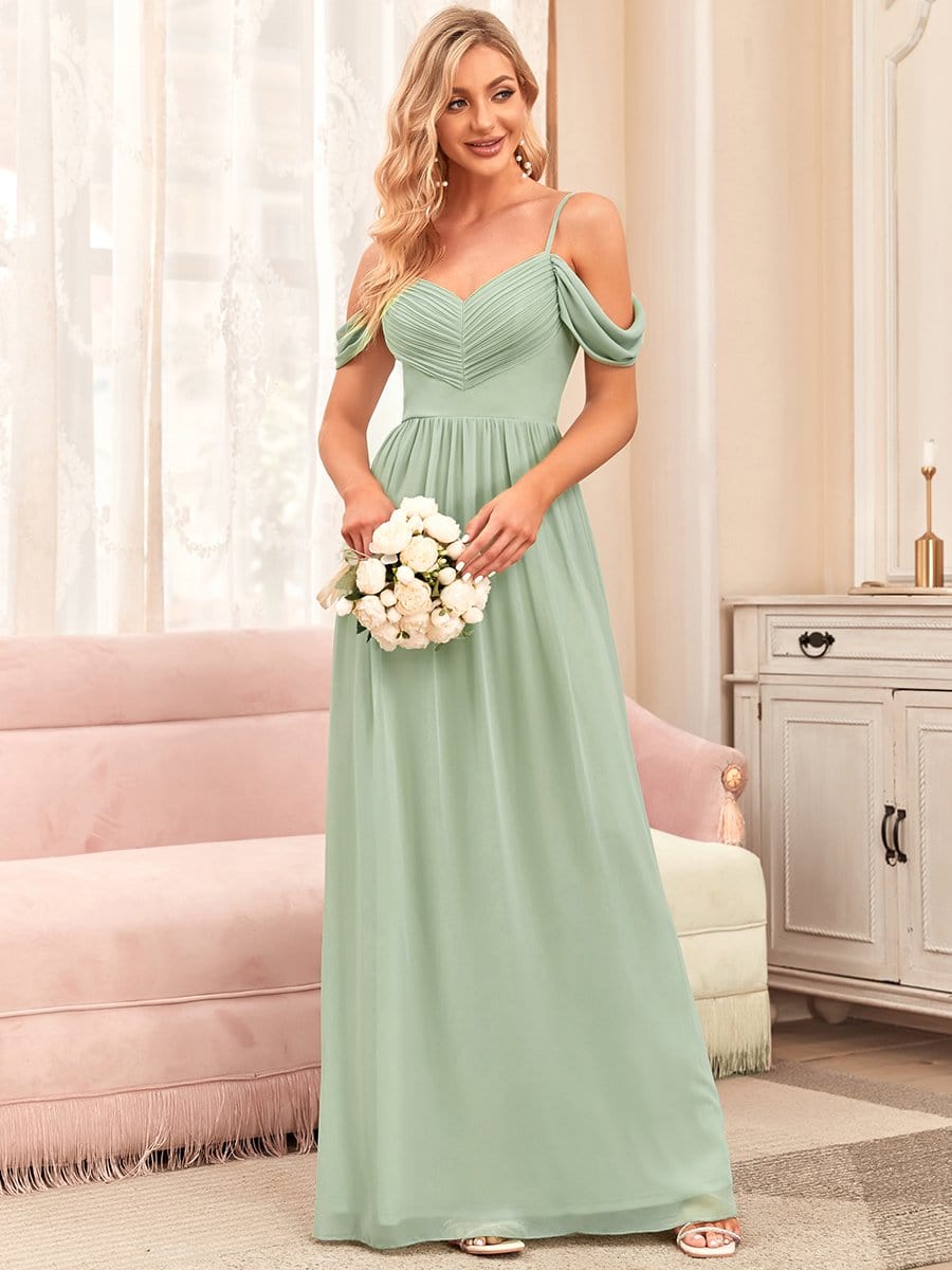 Pleated V-Neck Cold Shoulder Bridesmaid Dress