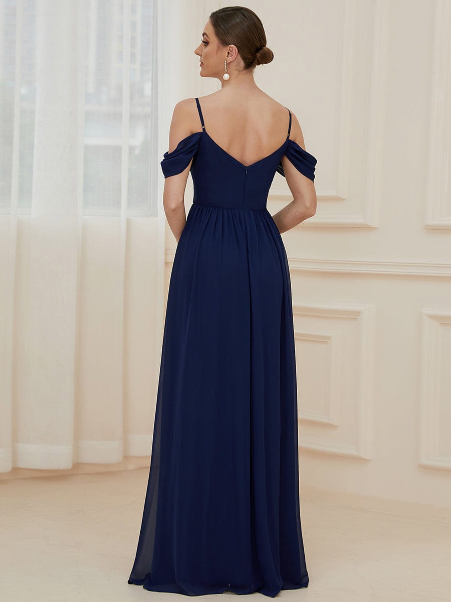 Pleated V-Neck Cold Shoulder Bridesmaid Dress