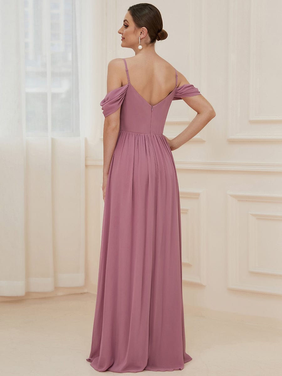 Pleated V-Neck Cold Shoulder Bridesmaid Dress