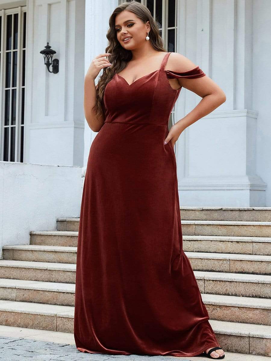 Color=Brick Red | Plus Size Velvet Cold-Shoulder Sweetheart Column Bridesmaid Dress-Brick Red 2