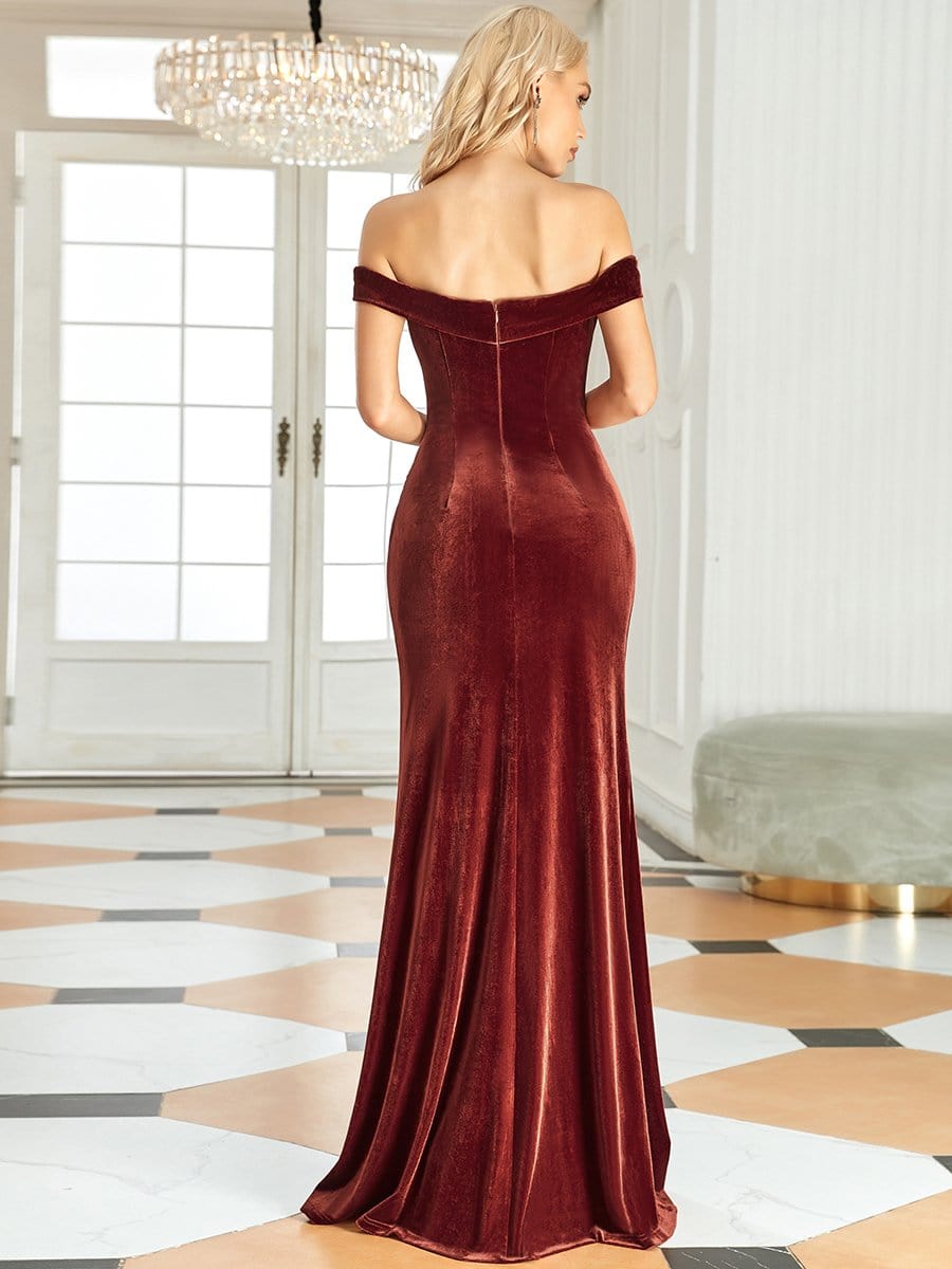 Velvet Off-Shoulder Sleeveless Bodycon Fishtail Bridesmaid Dress #color_Brick Red