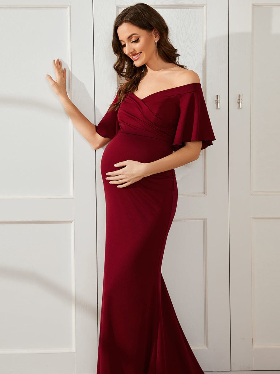 V-Neck Off-Shoulder A-Line Fishtail Maternity Dress