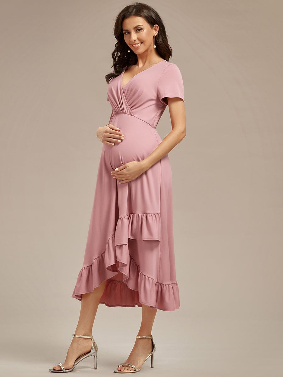 Ruffles High Low Hemline V-Neck High Stretch Maternity Dress