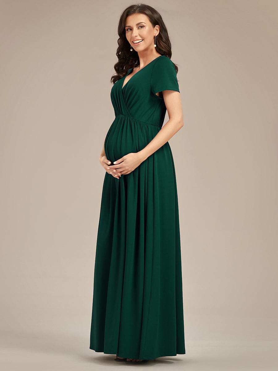 Comfortable Pleated V-Neck Short Sleeve Maternity Dress