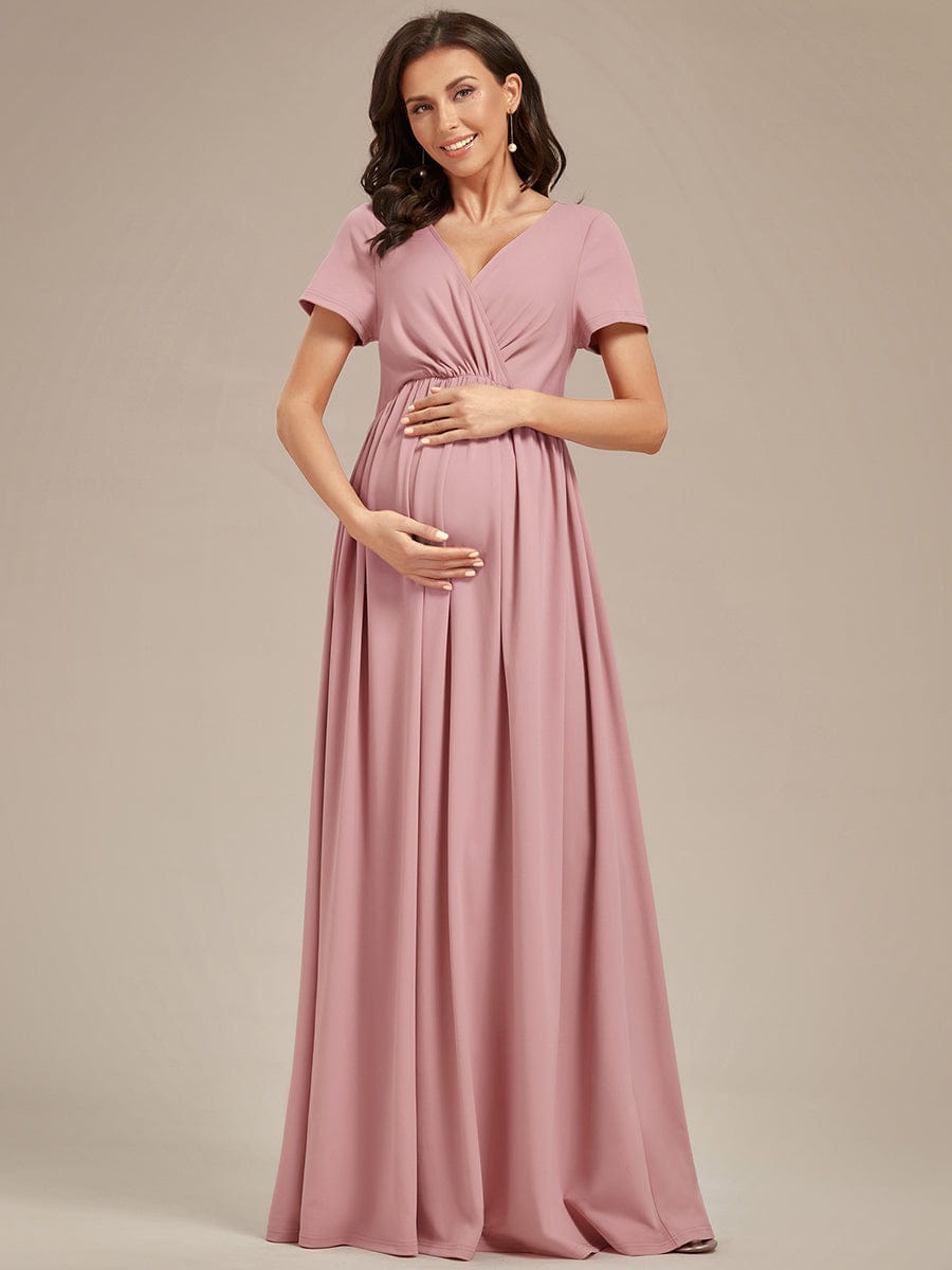 Comfortable Pleated V-Neck Short Sleeve Maternity Dress