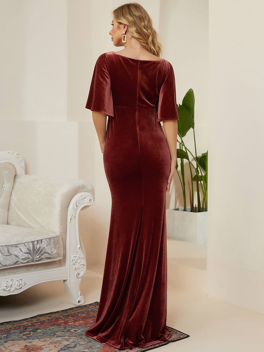 Velvet Short Sleeve Floor-Length Mermaid Bump Friendly Dress #color_Brick Red