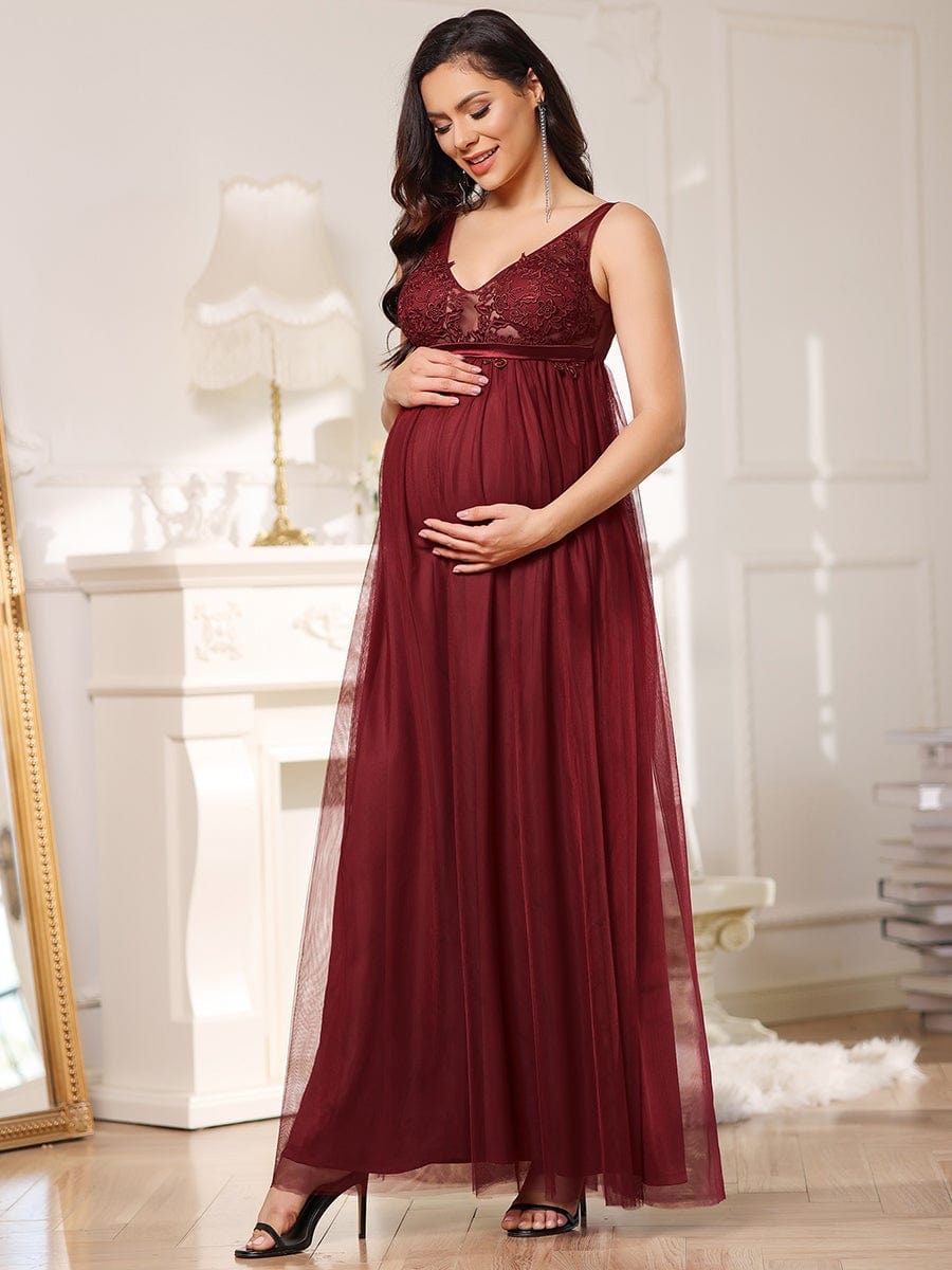 Double V-Neck Lace Bodice Long Flowy Maternity Dress