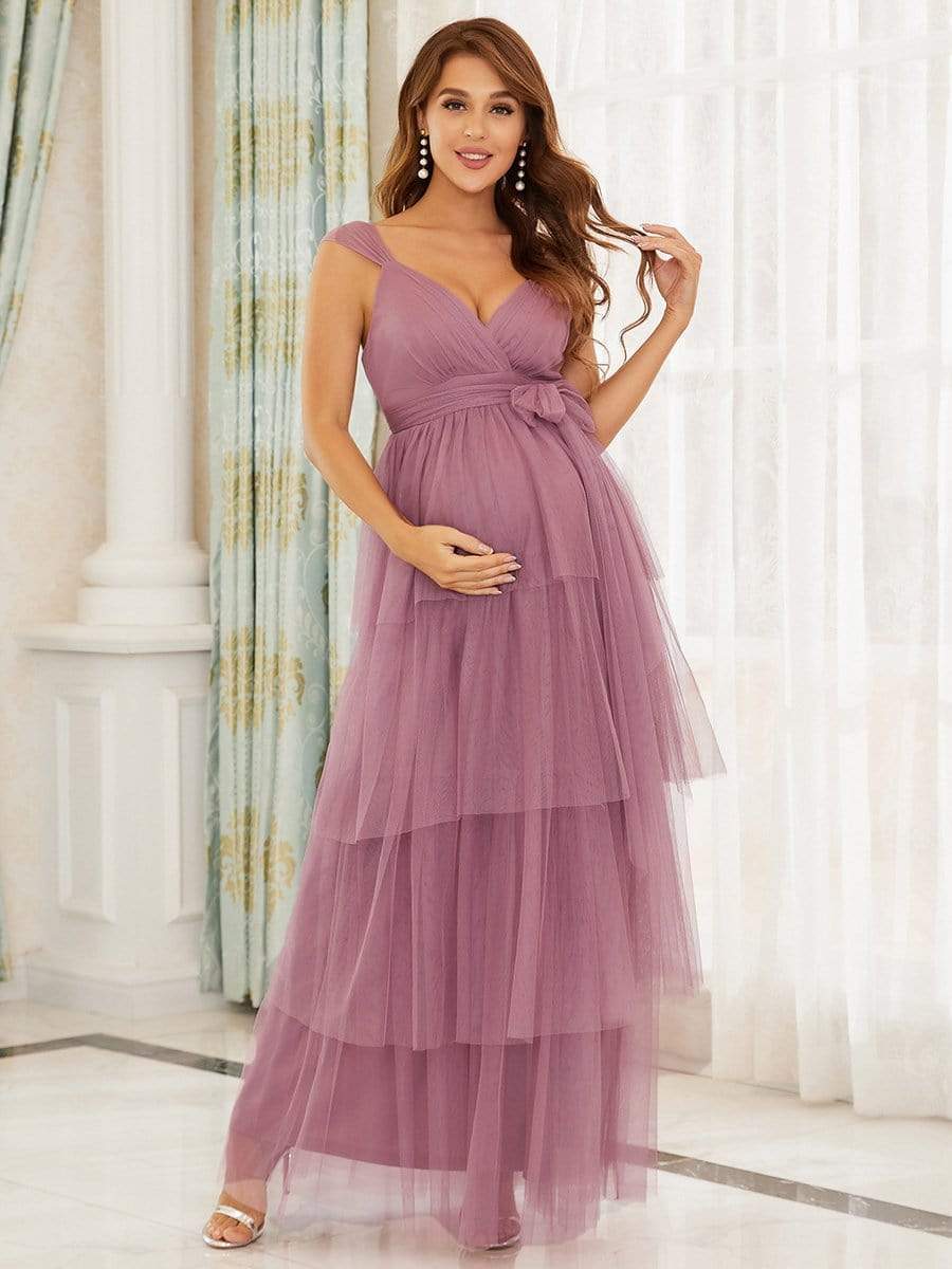 Tie Waist V-Neck Tiered Floor-length Maternity Dress