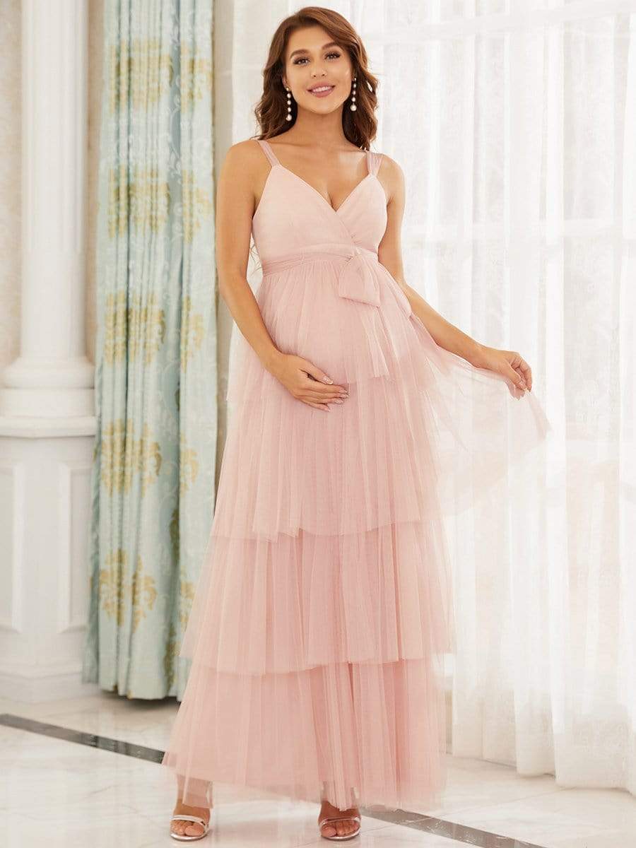 Tie Waist V-Neck Tiered Floor-length Maternity Dress