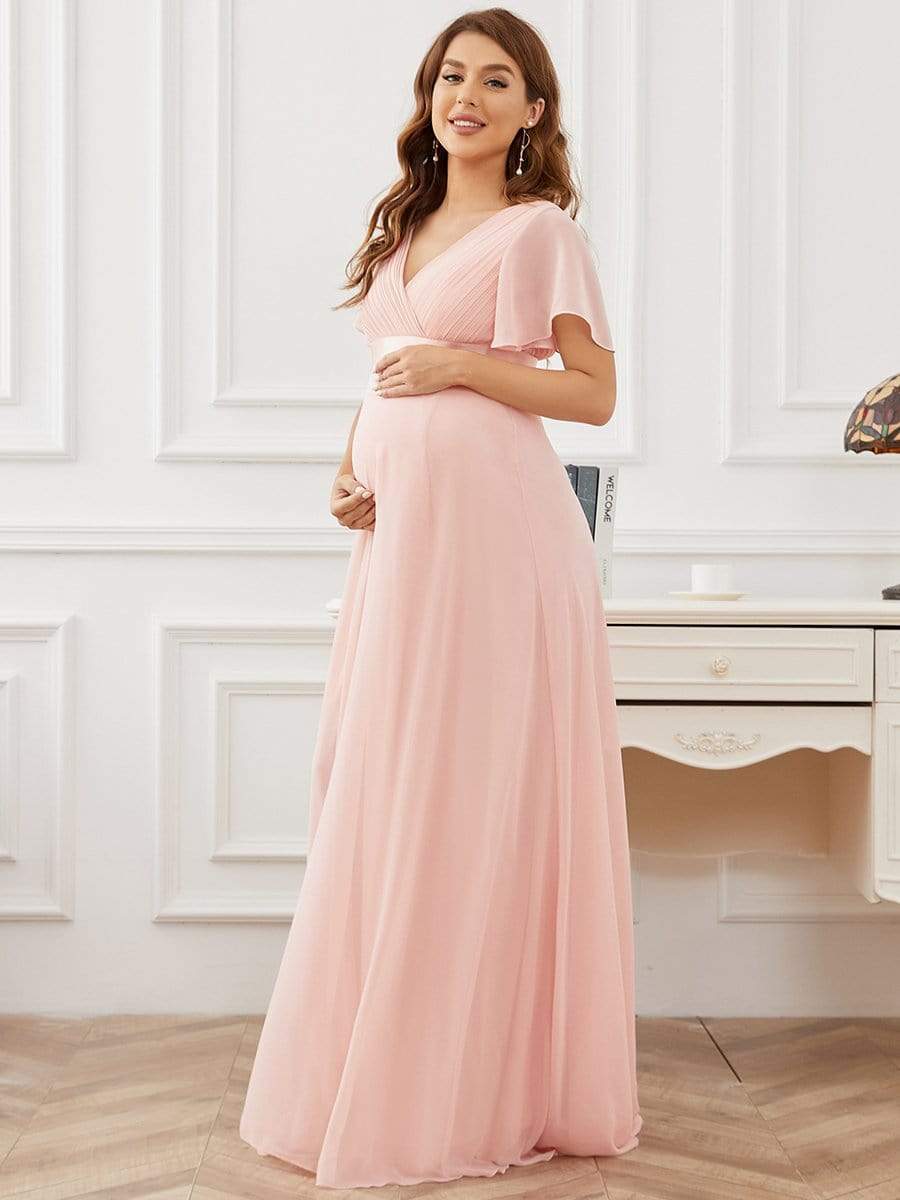 Ruched Bodice Flowy Chiffon Floor-Length Maternity Dress with Sleeves