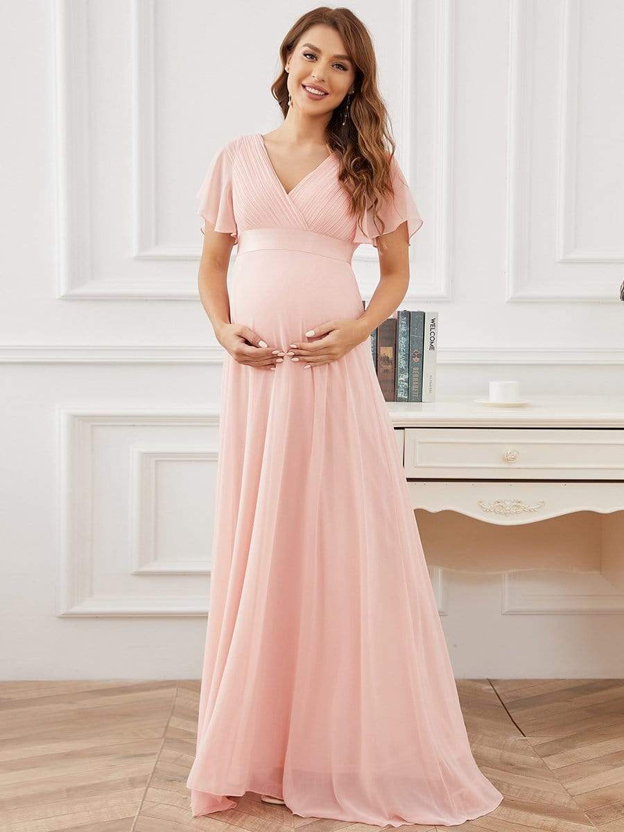 Ruched Bodice Flowy Chiffon Floor-Length Maternity Dress with Sleeves