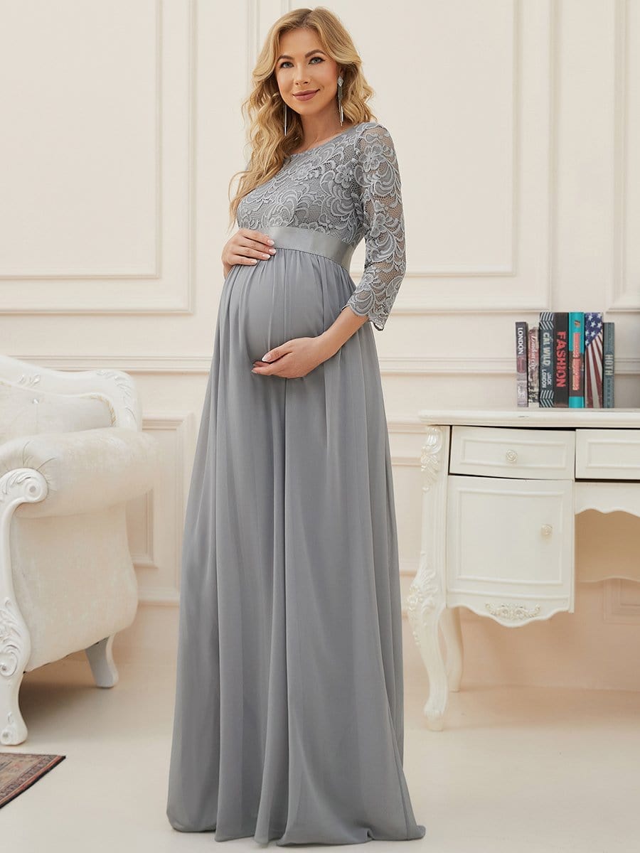 Flutter Sleeve Floor-Length Embroidery Maternity Dress