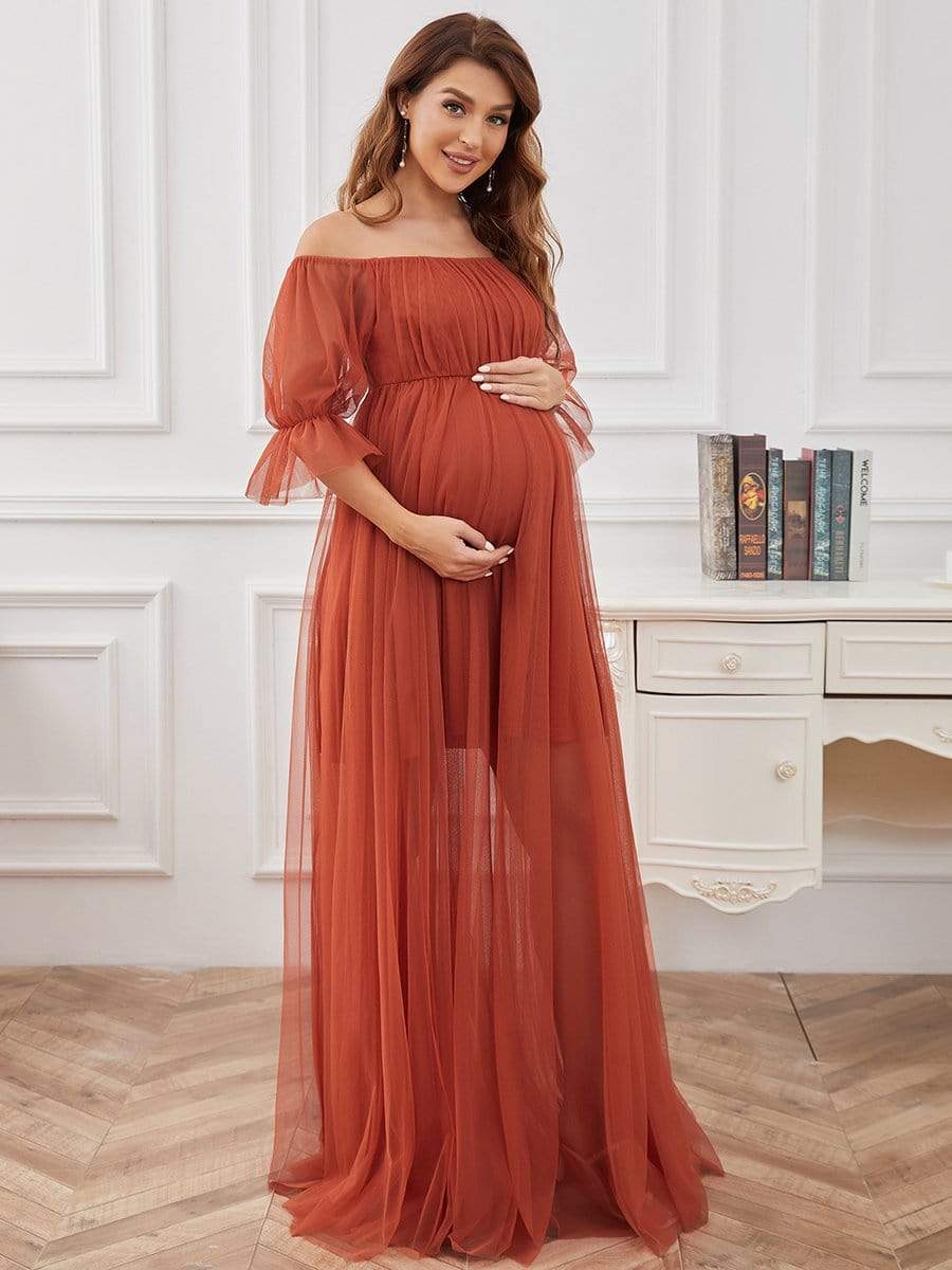 Sheer Off-Shoulder Double Skirt Maxi Maternity Dress