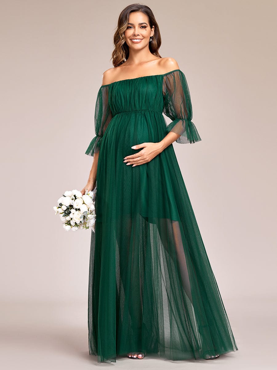 Sheer Off-Shoulder Double Skirt Maxi Maternity Dress