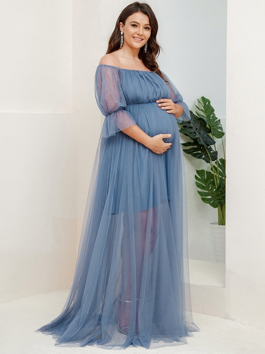 Plus Size Off-Shoulder Tulle Double Skirt Maxi Maternity Dress