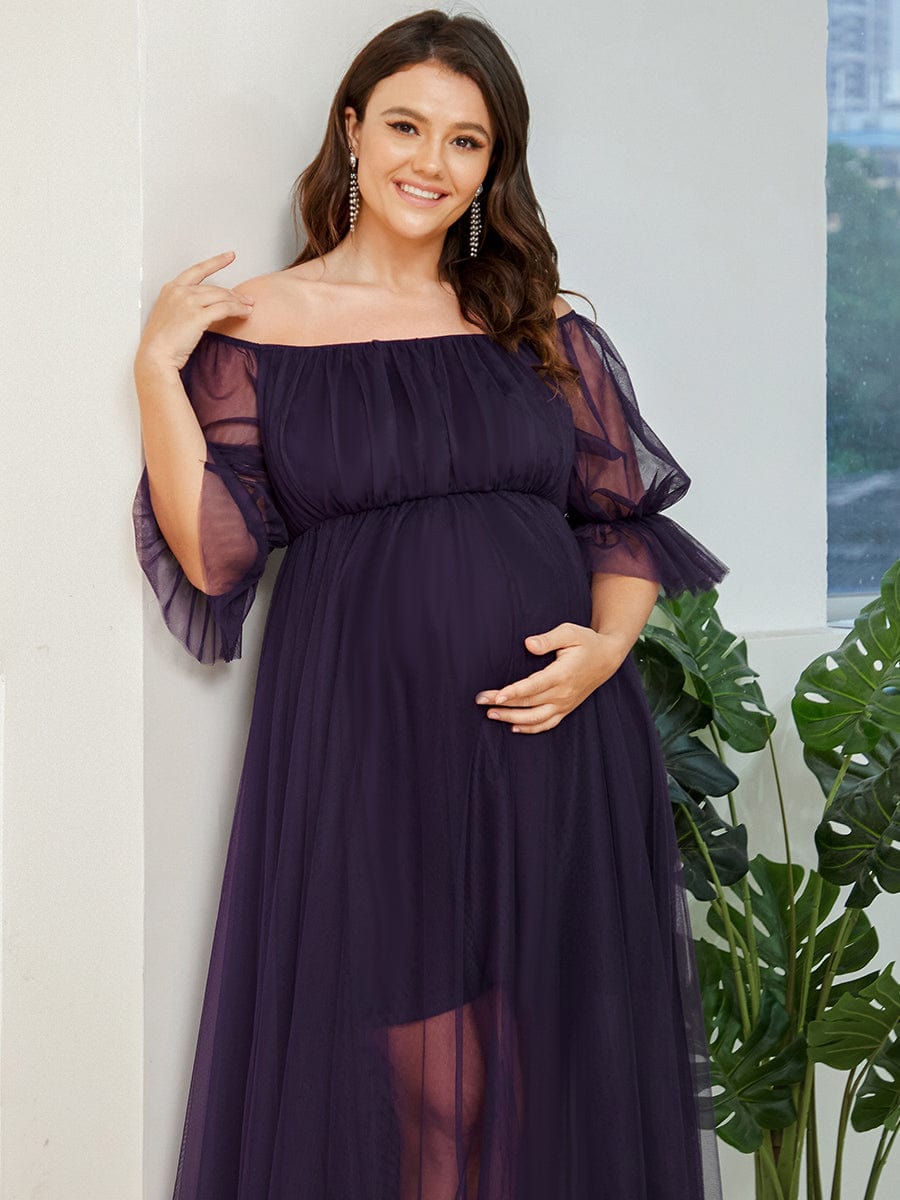 Plus Size Off-Shoulder Tulle Double Skirt Maxi Maternity Dress